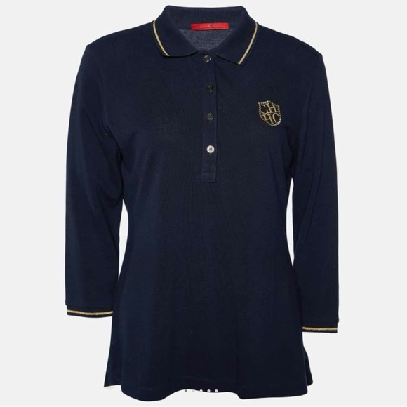 Carolina Herrera Polo Navy Blue Gold Embroidered Crest Cotton T-shirt Wom… - Picture 1 of 15